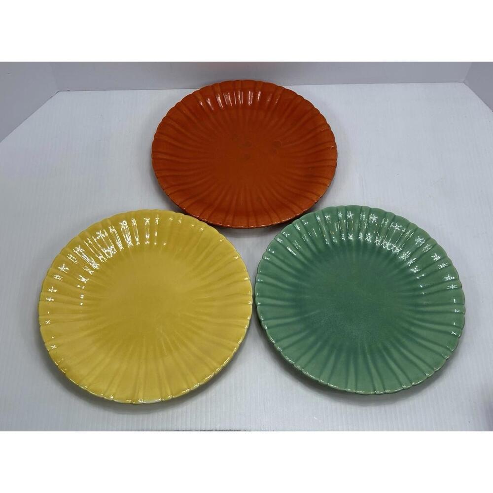 3 Vintage Stangl‎ Pottery Colonial Tangerine Yellow Green 10" Dinner Plates